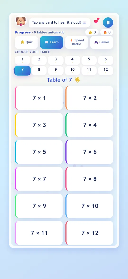 Learn mode showing the table of 7 as tappable flip cards from 7 × 1 to 7 × 12