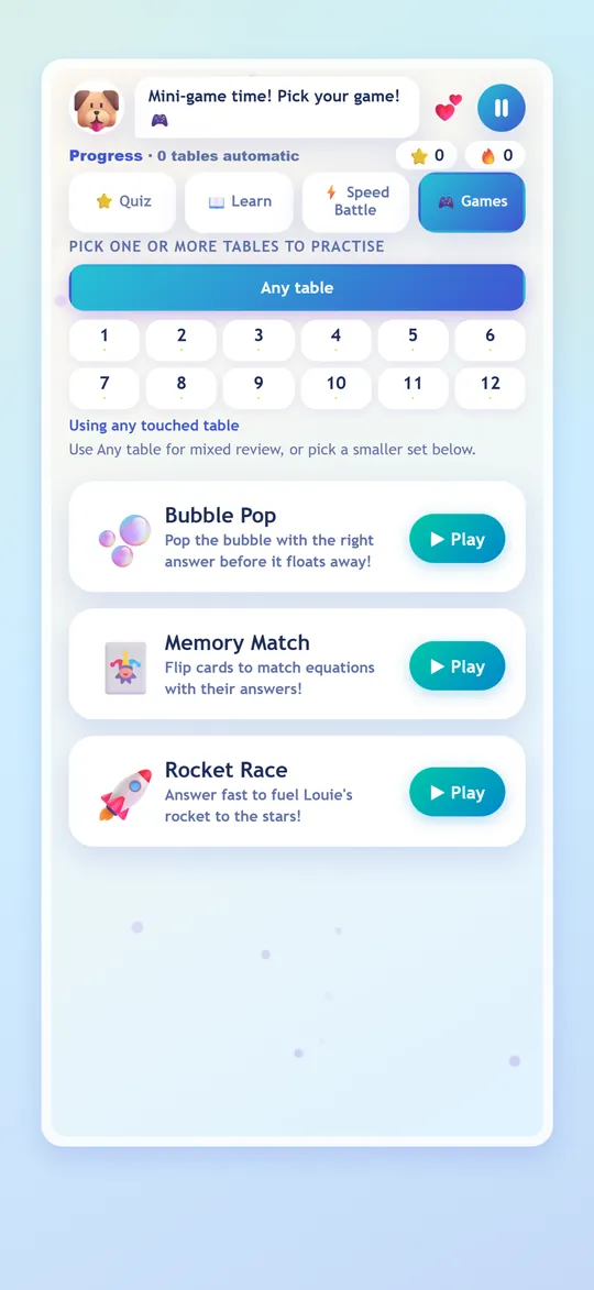 Mini-games menu with Bubble Pop, Memory Match and Rocket Race