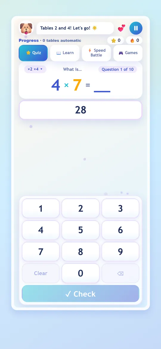 A quiz question, 4 × 7, with the answer 28 typed on the number pad