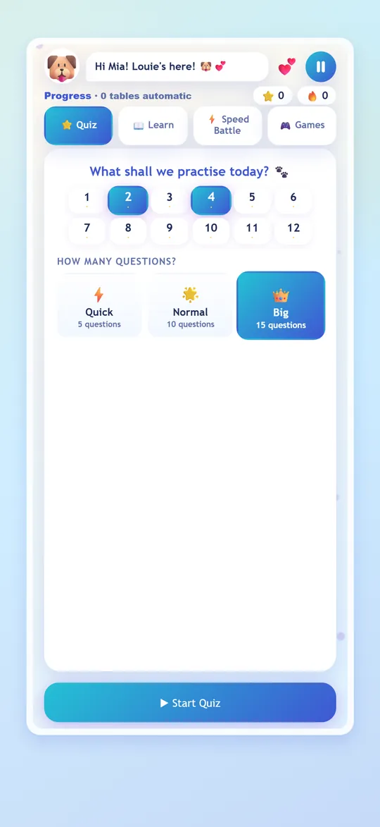 Quiz setup screen where a child picks which times tables to practise and how many questions