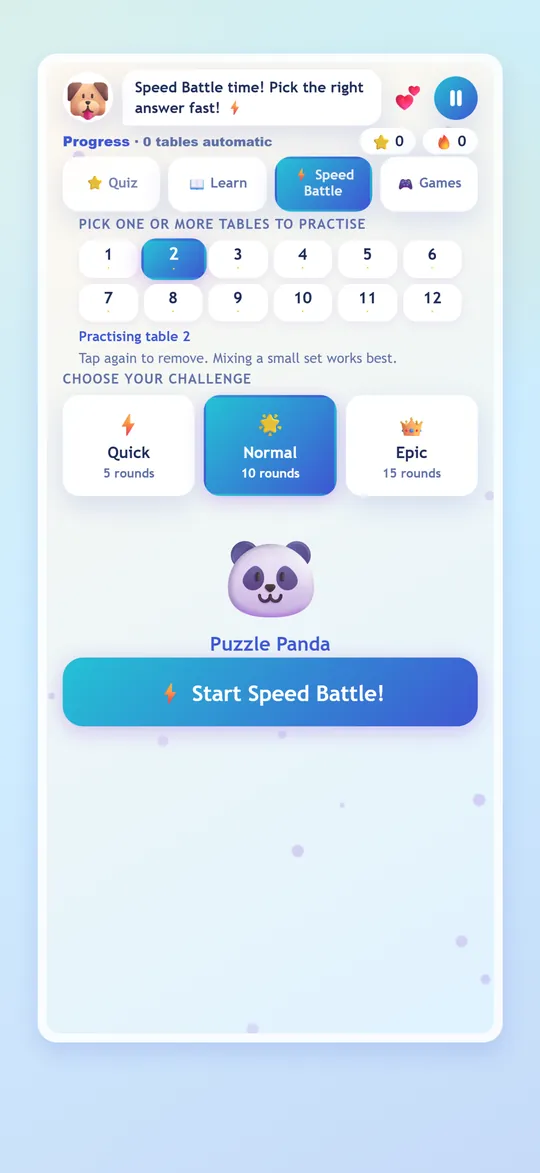Speed Battle setup with a choice of Quick, Normal or Epic rounds